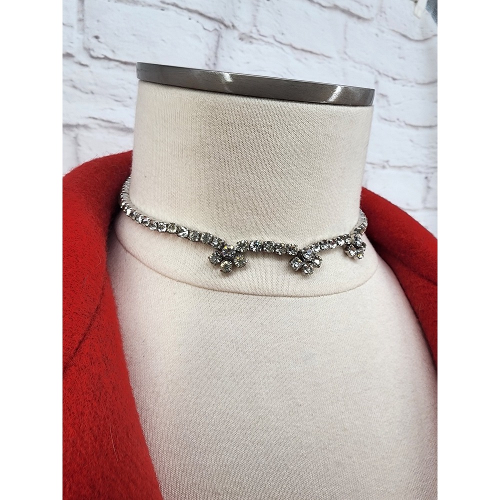 Vintage Silver Tone Rhinestone Floral Choker Necklace 14.5 Inch Tennis Chain